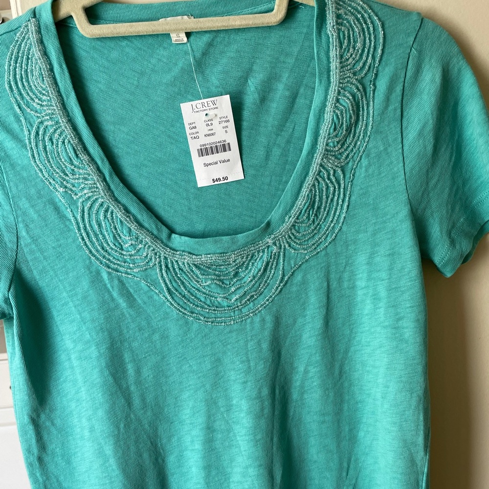 J Crew SS embellished tee, Lt green, Small, NWT